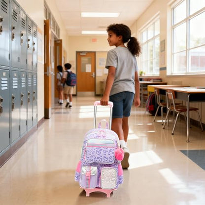 Meetbelify Backpack with Wheels for Girls Rolling Backpack Cute Carry on Backpack for Elementary Student - color: Love Purple