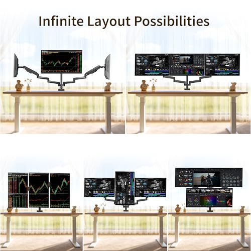 Ergounion Triple Monitor Mount for 13-32" Screens, with Long Monitor Arm | Wide 3-section arm, 19.8 lbs/arm, aluminum, full motion tilt/swivel/rotate, VESA 75/100 quick-release install, cable channels