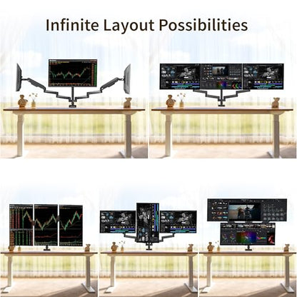 Ergounion Triple Monitor Mount for 13-32" Screens, with Long Monitor Arm | Wide 3-section arm, 19.8 lbs/arm, aluminum, full motion tilt/swivel/rotate, VESA 75/100 quick-release install, cable channels