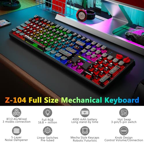 E-YOOSO Wireless Mechanical Keyboard Creamy, Bluetooth/2.4GHz/USB-C Wired, Hot Swappable Pre-Lubed Linear Switches, RGB Backlit, Cyber Mecha Style, Full Size Custom Gaming Keyboard for PC/Mac