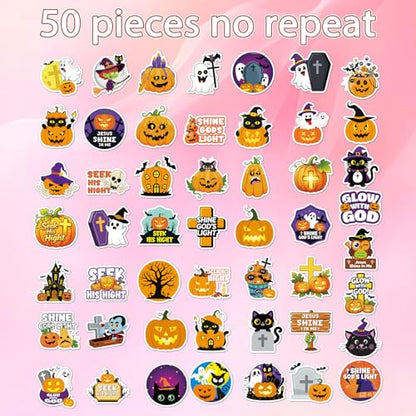 50 Pcs Spooky Halloween Stickers Bible Verse Scrapbook Stickers | Halloween Christian Design, Waterproof Water Bottle Stickers, Ghost Pumpkin Sticker, Vinyl Decals for Luggage Laptop Journal - style: Halloween