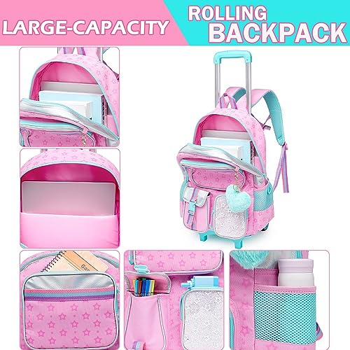 Meetbelify Backpack with Wheels for Girls Rolling Backpack Cute Carry on Backpack for Elementary Student - color: Pink