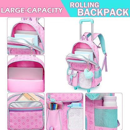 Meetbelify Backpack with Wheels for Girls Rolling Backpack Cute Carry on Backpack for Elementary Student - color: Pink