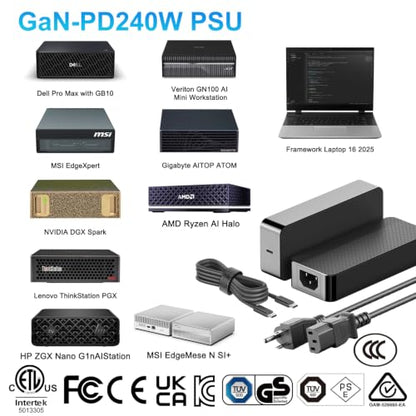 HKY 240W USB C Power Adapter 48V 5A /36V 5A GaN-Based Ultra Compact PD3.1 Power Supply with Detachable USB C Cable for AI Desktop Supercomputer Gaming Laptops PC eBikes Robots Workstation and More