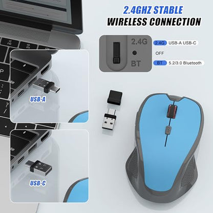 Wireless Bluetooth Mouse for iPad Pro MacBook, Ergonomic Rechargeable Mice with Jiggler Mode, 2-Mode Bluetooth 5.2/3.0 & 2.4G USB-A/USB-C Receiver, Silent Optical Mouse for Mac PC Laptop, Blue - color: Bluetooth Wireless Mouse (Blue)