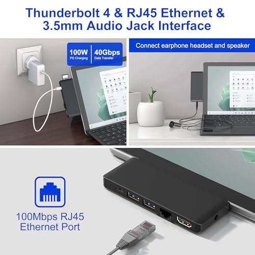 Surface Pro 13/11/10/9 Hub Docking Station with 4K HDMI, Thunerbolt 4(8K Video+40Gbps+100W PD), 100M Ethernet, USB 3.0, 3.5mm Audio, SD/TF Card Slot - USB C Hub Adapter for Surface Pro 11/Pro 10/Pro 9 - style: For Surface Pro 11/10/9/X