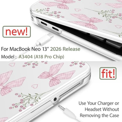 May Chen Compatible with MacBook Neo 13 inch Case 2026 Model A3404, Plastic Hard Shell,Keyboard Cover,Screen Protector,Dust Plug, for MacBook Neo 13" with A18 Pro Chip, Flower & Bow - color: Flower & Bow