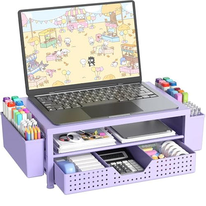 Laptop Stand for Desk Organizer, Computer Monitor Stand Riser with Drawer and 2 Pen Holders, Ventilated Perforated Steel Top, Office Desk Accessories for Home Office Supplies, Purple