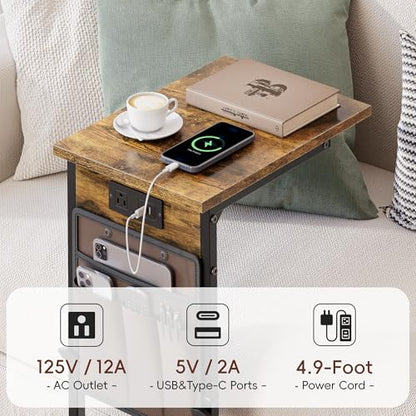 Vagusicc C-Shaped End Tables Set of 2 with Charging Station, 33'' Tall C Table Adjustable Height Side Table, Sofa Table for Couch, Couch Table that Slide Under Sofa, TV Trays for Living Room, Brown - color: 2pc Rustic Brown, style: With Plug