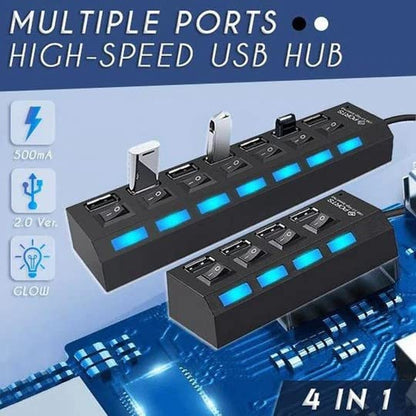 7 Ports Powered USB Hub for Pc Multiple USB Port Splitter with LED Individual On/Off Switches Laptop Charging Strip Desktop USB Extender Hub USB Port Hubs for 7/ Vista/Xp/ 2000 and Mac (Black)