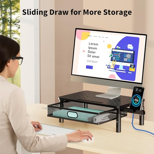 Zimilar Monitor Stand Riser with Metal Mesh Drawer, Height Adjustable | Monitor Riser with Phone Holder for Computer, Laptop, Printer, Notebook, Metal Computer Monitor Stand with Storage