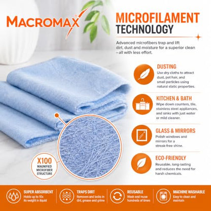 Macro Max Microfiber Glass Cloth – Lint‑Free, Reusable Window & Mirror Wipes, High‑Absorbency Microfilament Cloth for Streak‑Free Shine, Perfect for Glass, Mirrors, Car & Electronics - Pack of 20