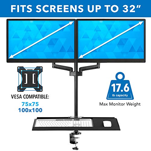 Mount-It! Dual Monitor Arm Desk Mount Sit-Stand Workstation with Keyboard Tray, Height Adjustable Gas Spring, Fits Two 17–32” Screens, 17.6 lbs Each, VESA 75x75 100x100, Clamp or Grommet (Black)