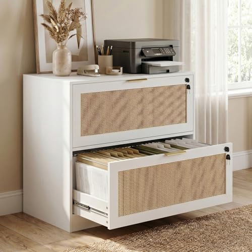 HOPUBUY 2 Drawer File Cabinet with Lock, Printer Stand Lateral | Home Office and School, Wood Rattan Filing Cabinet for Hanging Files/Letter/Legal/A4/F4 Size, White, 2Drawer,Set1 - color: White, size: Set1