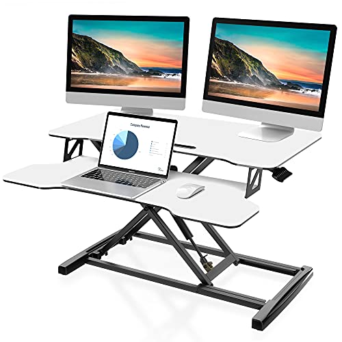 FITUEYES Height Adjustable Standing Desk 32” Wide Sit to Stand Converter | Standing Desk Converter,Stand Up Desk Riser,for Dual Monitor Riser,Tabletop Workstation for Home Office,Easy Assembly - color: White