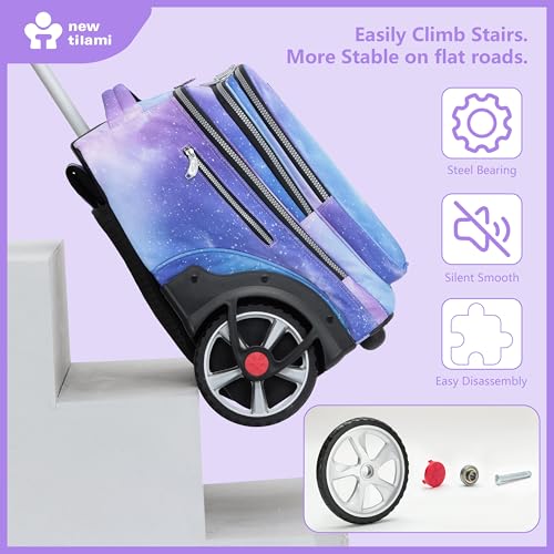 NEW TILAMI 20 Inch Rolling Backpack for School Stair-Climbing Big Wheel | Teen Boys Girls Carry-on Suitcase Large Organizer Compartment 15.6 Laptop Sleeve Adjustable Handle Roller Travel Bag College - color: Purple - Blue Fade