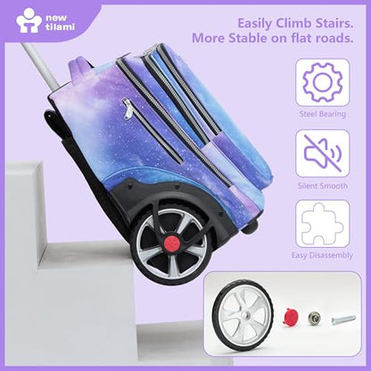 NEW TILAMI 20 Inch Rolling Backpack for School Stair-Climbing Big Wheel | Teen Boys Girls Carry-on Suitcase Large Organizer Compartment 15.6 Laptop Sleeve Adjustable Handle Roller Travel Bag College - color: Purple - Blue Fade