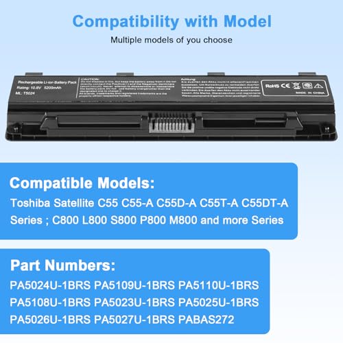 56Wh PA5024U-1BRS Battery Replacement for Toshiba Satellite C55 C55-A C55T C55DT C55D C855 C855D L855 L875 P855 P875 S855 S875 Series PA5109U-1BRS PA5026U-1BRS PABAS272 Laptop Battery - color: T5024 BATTERY