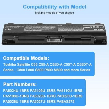 56Wh PA5024U-1BRS Battery Replacement for Toshiba Satellite C55 C55-A C55T C55DT C55D C855 C855D L855 L875 P855 P875 S855 S875 Series PA5109U-1BRS PA5026U-1BRS PABAS272 Laptop Battery - color: T5024 BATTERY