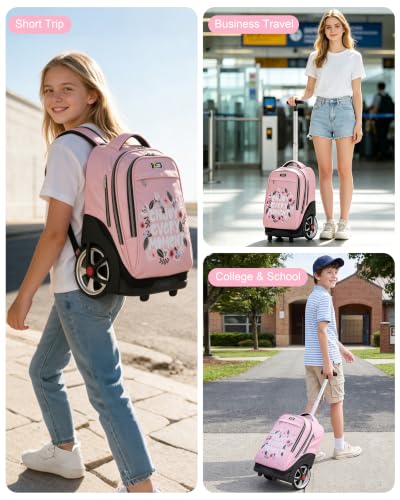 NEW TILAMI 19 Inch Rolling Backpack with Lunch Bag School Stair-Climbing | Stair-Climbing Teen Boys Girls Carry-on Suitcase Large Compartment 15.6 Laptop Sleeve Adjustable Handle Roller Travel Bag - color: Flower Pink