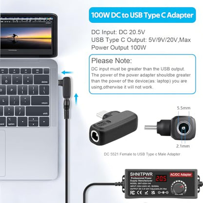 SHNITPWR Adjustable Universal Power Supply DC 4V~24V 3A 5A 6A 144W AC/DC Adapter with USB C Charger PD 100W 100V-240V AC to DC Converter Variable Power Adapter 24V,14 Tips,Alligator Clip Power Cable - size: 3.5V-24V 144W(Pro)