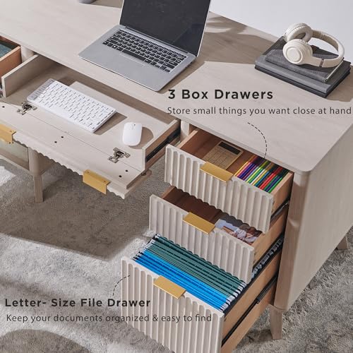 T4TREAM Fluted Executive Desk with Drawers, 60" Modern Home Office Computer Desk with Charging Station, File Cabinet, Keyboard Tray and Storage Cabinet for Study, Living Room, Bedroom, Alder White - color: Alder White