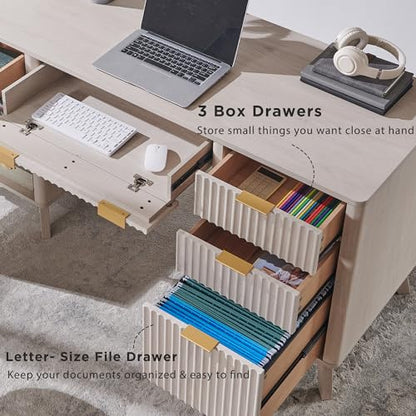 T4TREAM Fluted Executive Desk with Drawers, 60" Modern Home Office Computer Desk with Charging Station, File Cabinet, Keyboard Tray and Storage Cabinet for Study, Living Room, Bedroom, Alder White - color: Alder White