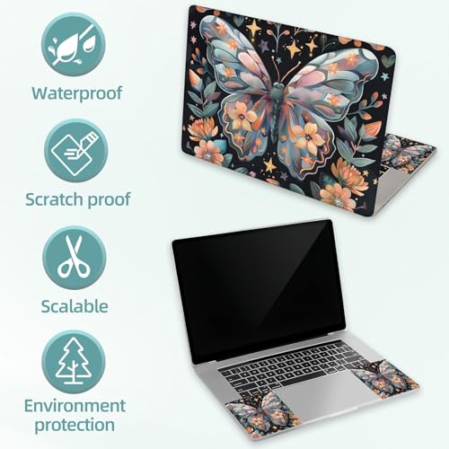 Universal Laptop Skin Decal, 3-Piece Vinyl Protector for 12 13 14 15.6" Notebook, Waterproof Anti-Scratch, Easy Trim & Bubble-Free Finish, Butterfly and Flowers - color: Butterfly and Flowers