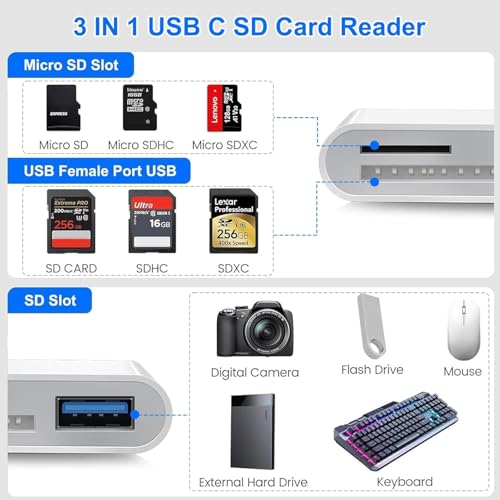 SD Card Reader for iPhone, iPad, USB C Lightning Dual Port SD Card Adapter, Memory Card Reader for Camera Adapter, Support SD, Micro SD, No App Required, Plug and Play