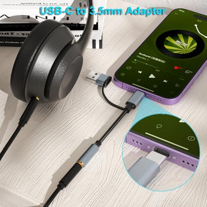 USB-C 3.5mm Audio Adapter with Type-A Converter, TRRS Headphone Jack & Mic | 2-in-1 USB-A & USBC to 1/8" AUX Cable Dongle for iPhone 17/16/15,iPad Pro/Air/Mini,Samsung Galaxy,MacBook,PC,Laptop,Headset