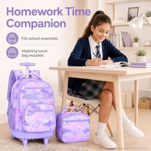3Pcs Rolling Backpack for Girls, 19 Inche Women Roller Bag with Wheels for Adults, Wheeled Bookbag with Lunch Box(Purple) - color: Tie-dye Purple