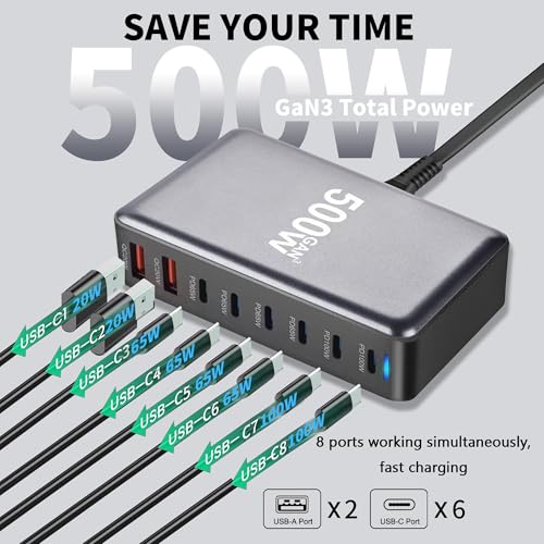 500W USB C Fast Charging Station Hub, 8 Port HUB Fast Charging Brick for Multiple Devices,PD PPS 100W Wall Charger Compatible with MacBook Pro/Air/All iPad iPhone 16/15, for HP Dell Lenovo Acer Laptop