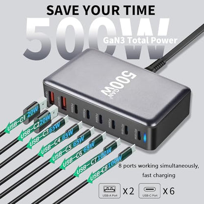 500W USB C Fast Charging Station Hub, 8 Port HUB Fast Charging Brick for Multiple Devices,PD PPS 100W Wall Charger Compatible with MacBook Pro/Air/All iPad iPhone 16/15, for HP Dell Lenovo Acer Laptop