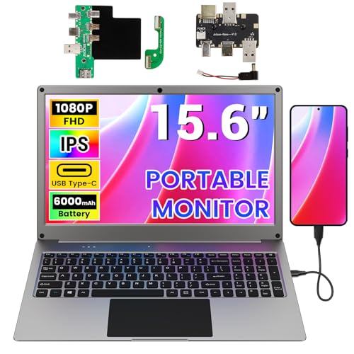 Portable Monitor with Keyboard, 15.6 Inch Lapdock Display with 6000mah Battery,CrowView Note 1080P FHD USB C Monitors with RPi5&Jetson Adapters Compatible with RPi5, PC, Phone, Mac, Game Console