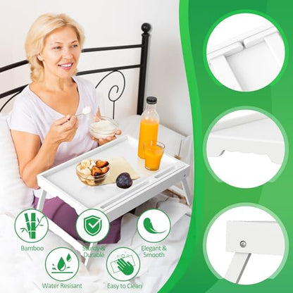Artmeer Bamboo Bed Trays, Folding Legs, Phone/Tablet Slots, 2-Pack, White - color: White, size: Medium (Pack of 2)