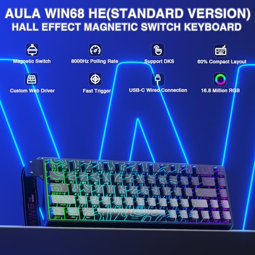AULA WIN68 HE Mechanical Gaming Keyboard 60%, Hall Effect Magnetic Switch, Fast Trigger Mode Adjustable Actuation, 8000Hz Polling Rate, RGB Backlit, Small Wired Keyboard for Laptop/PC Gamer - color: Line Black-standard version