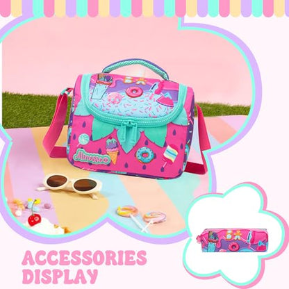 Girls Rolling Backpack for Kids Ages 8-12 Wheeled Backpack for Kids Backpacks for Girls with Lunch Bag Back to School Supplies Kit - color: Purple Ice Cream
