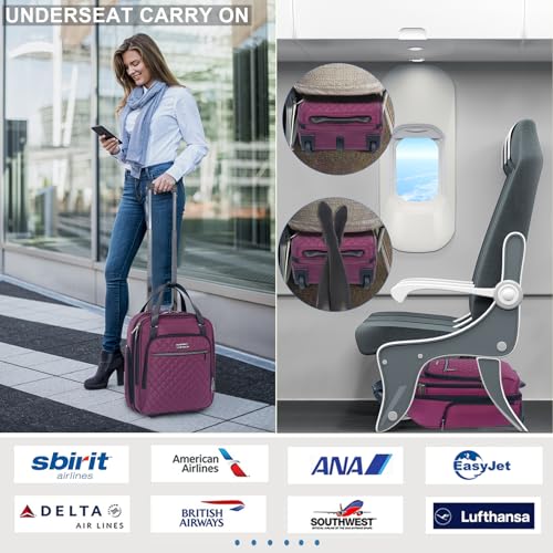EMPSIGN Underseat Carry On Wheeled - 16" Carry on Bag with Wheels Multi-functional Lightweight Rolling Bag Overnight Weekender Small Suitcase for Women Men Travel Business, Burgundy - color: Burgundy