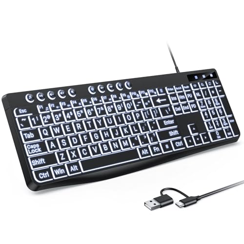 OMOTON Large Print Backlit Keyboard with Dual USB C and USB A Interface | Oversize Font Key with White Backlight Easier to See and Type, Full Size Wired Computer Keyboard for Windows, PC, Laptop