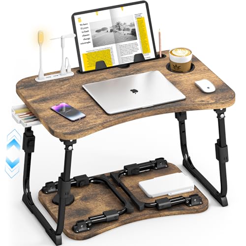 Lap Desk for Bed Adjustable Height, Foldable Bed Table with Storage Drawer, Tablet Slot & Cup Holder, Portable Laptop Stand for Bed & Sofa, Bed Desk for Adults & Kids, Carbonized - color: Carbonized