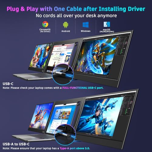 QQH Laptop Screen Extender, 15.6" Ultra-Slim Triple Portable Laptop Monitor | 1080P IPS USB-C Plug and Play Monitor Extender Compatible with MacOS, Windows, Android for 12-16" Laptops - color: Black