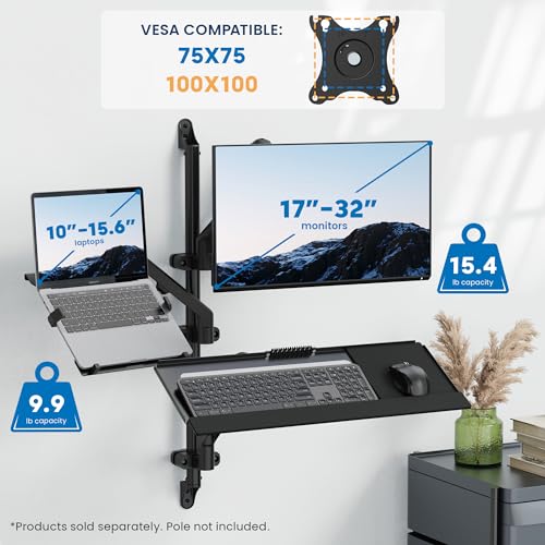 Mount-It! Ergonomic Laptop Arm for Wall or Pole Mounting, Full Motion Adjustments, Versatile Design, Easy Installation | Wall or pole laptop arm, swivels 180°, tilts +90/-45°, extends 21.8", fits 10-15.6" laptops, converts to monitor mount - style: Laptop