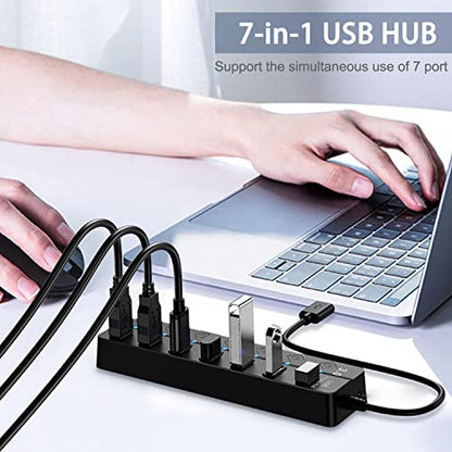 USB Hub 3.0, 7-Port USB Hub Splitter with Individual On/Off Switches and Lights Compatible with MacBook, Laptop, Surface Pro, PS4, PC, Flash Drive, Mobile HDD
