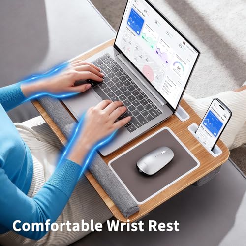 Home Office Lap Desk with Wrist Rest Wrist Rest, Mouse Pad, and Phone Holder Large Laptop Bed Desk for Notebook, Laptop, Tablet, Lap Stand Fits Up to 17 Inch Laptops (Woodgrain) - color: Woodgrain, size: Large