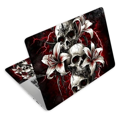 Universal Laptop Skin Decal, 3-Piece Vinyl Protector for 12 13 14 15.6" Notebook, Waterproof Anti-Scratch, Easy Trim & Bubble-Free Finish, Skulls with White Lilies Red Lightning - color: Skulls with White Lilies Red Lightning