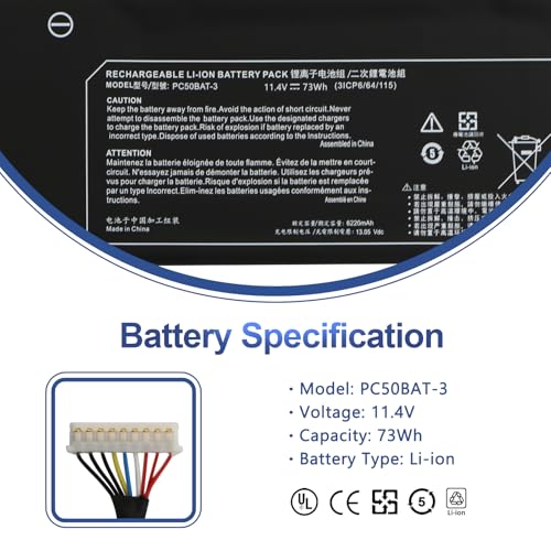 PC50BAT-3 Laptop Battery for Schenker Key 15 Comet Lake Key 15 Gaming for CLEVO PC50DN2 PC50S for SYSTEM76 Oryx PRO 6 for THUNDEROBOT 911 P1 for EUROCOM RX315 NH57AF1 Series 11.4V 73Wh 6400mAh 3-Cell