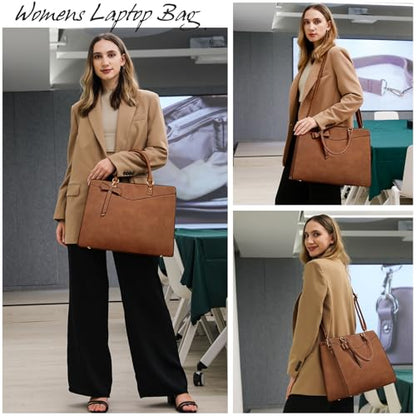 RAINSMORE Laptop Bag for Women 15.6 Inch PU Leather Laptop Tote Bag Professional Business Office Briefcase Waterproof Work Bag Computer Tote Bag Large Lightweight Handbag Shoulder Bag - color: Deep Brown