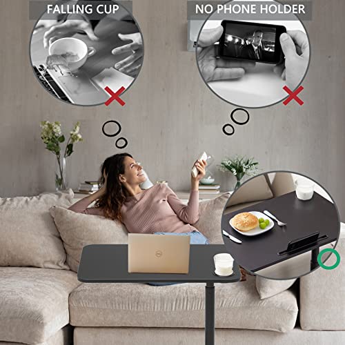 ETHU Overbed Table with Hydraulic Lift, 27.1-34.2 Inch Height Adjustable Bed Table with Lockable Casters - Wood Grain Tabletop with Cup Holder & Charging Slot, 22lbs Capacity Rolling Bedside Desk - color: Black
