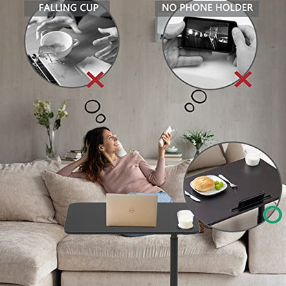 ETHU Overbed Table with Hydraulic Lift, 27.1-34.2 Inch Height Adjustable Bed Table with Lockable Casters - Wood Grain Tabletop with Cup Holder & Charging Slot, 22lbs Capacity Rolling Bedside Desk - color: Black