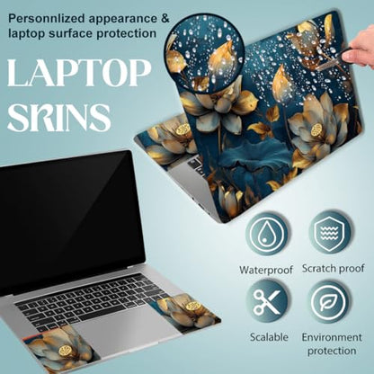 SUPERDANT Laptop Skin Sticker Lotus Flower Laptop Decals Personalized Universal Notebook Computer Wrap Vinyl Skin Stickers Cover Art Decal Removable 12-15.6 Inch Waterproof Gifts Blue Gold